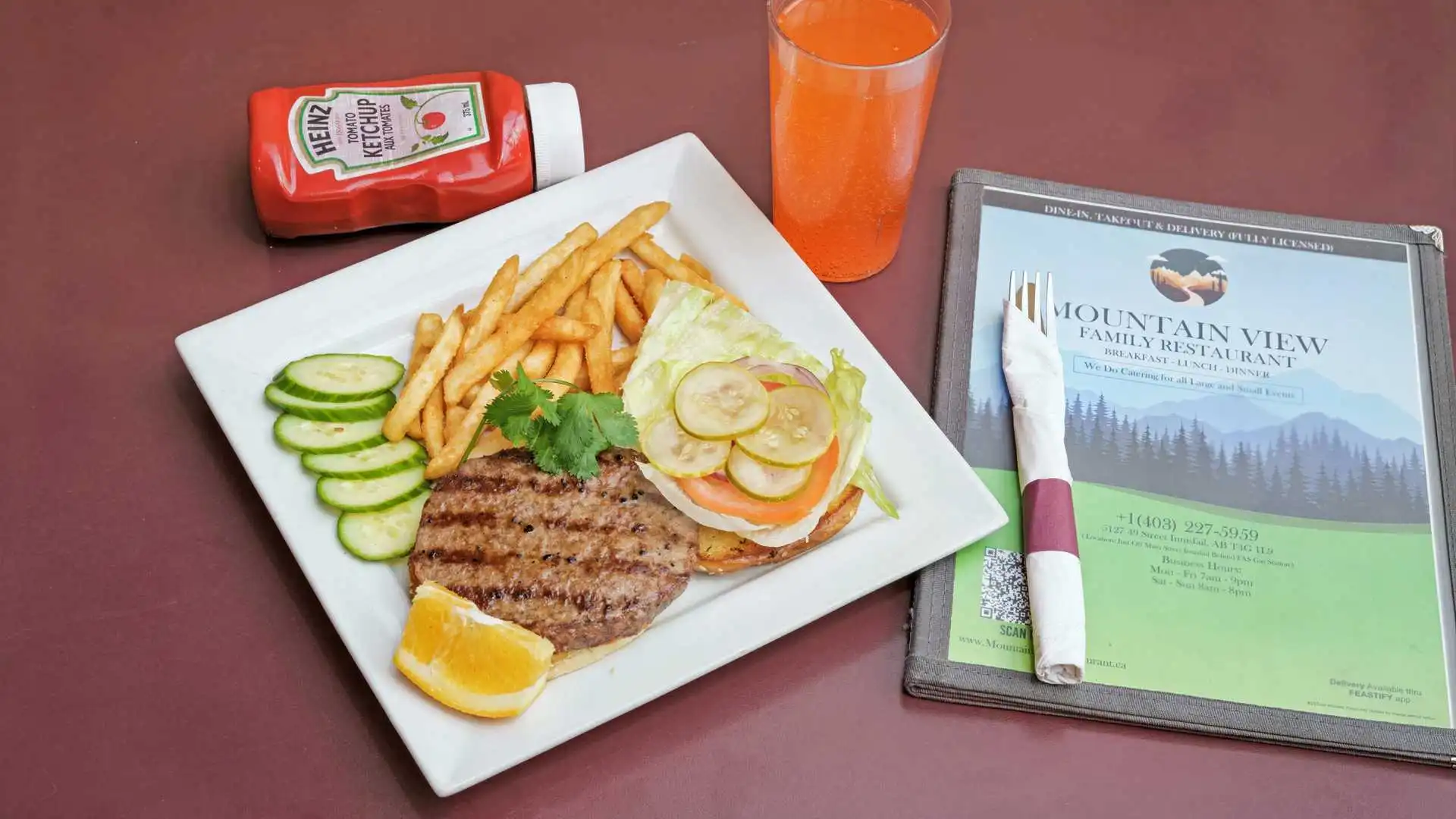 Hamburger Deluxe at Mountain View Family Restaurant in Innisfail, AB